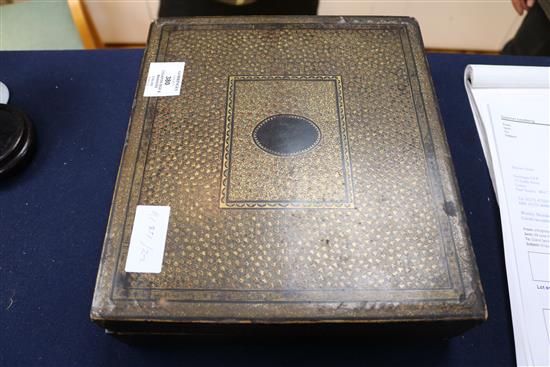 A Chinese export lacquer counter box with sixty six mother of pearl fish bezique markers